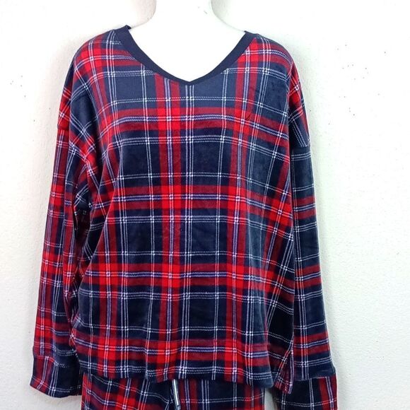 Nautica women's blue/red plaid plush V neck long-sleeve  2 Piece pajamas set XL - Picture 4 of 11